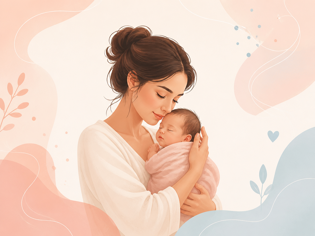 A mother gently holding her newborn baby in a warm, calming illustration
